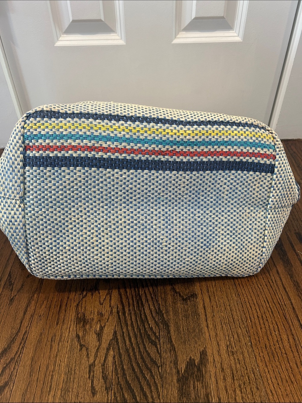 Francesca's Collections Cream Woven Beach Tote Navy Yellow Pink Stripes pool bag - Picture 5 of 5
